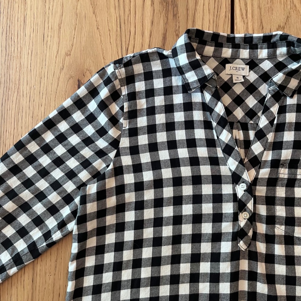 J.Crew Gingham Popover Shirt Womens Small Black White Plaid Preppy Top